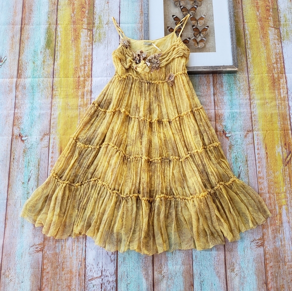 Max Studio Dresses & Skirts - Max Studio Mustard Silk Floral Ruffle Tiered Dress